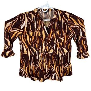Ava & Grace Womens Brown Tiger Stripe 3/4 Sleeve Button Front Blouse Size M New